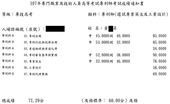 107專利師狀元（選試專業英文及工業設計）上榜學員黃○昇