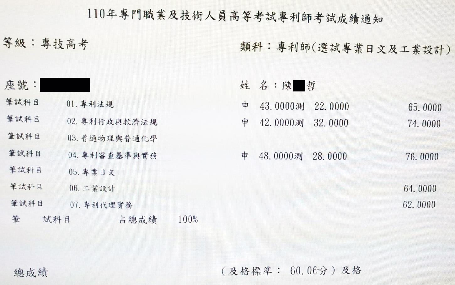 110專利師探花（選試日文及工業設計）上榜學員陳○哲