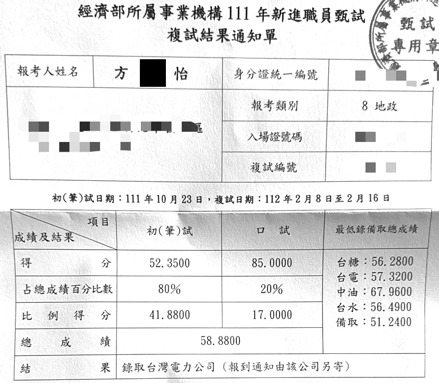 111經濟部職員級/台電地政上榜學員方○怡