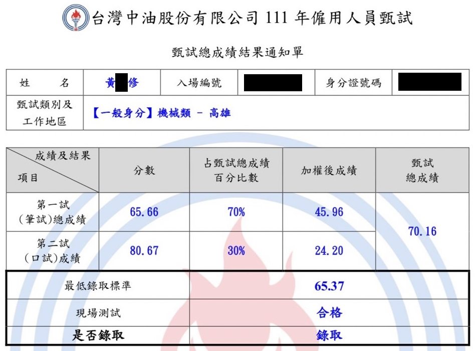 111中油機械上榜學員黃○修