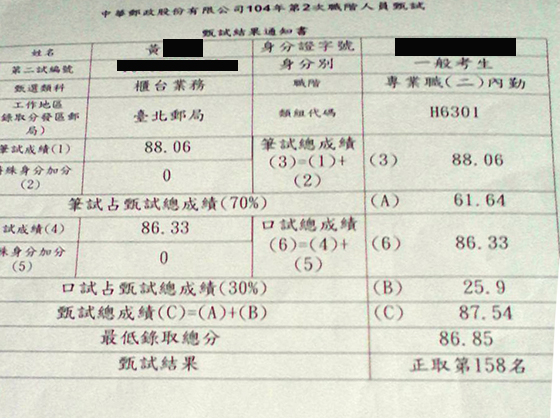 104年郵局專業職二：內勤上榜學員黃同學