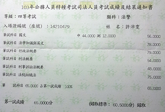 103年四等法警上榜學員許沛雯