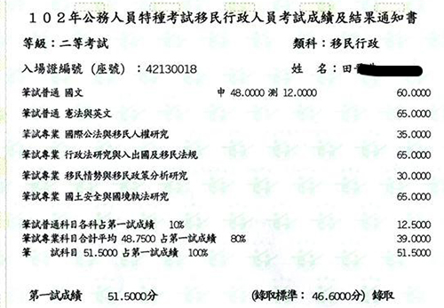 102移民特考二等筆試通過學員田同學