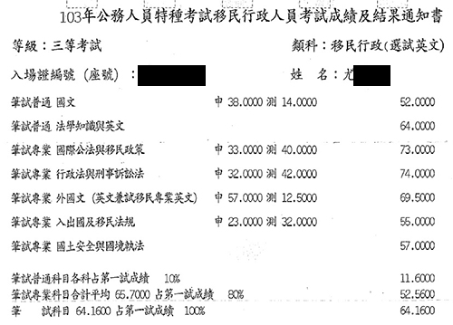 103移民特考三等英文組上榜學員曾同學