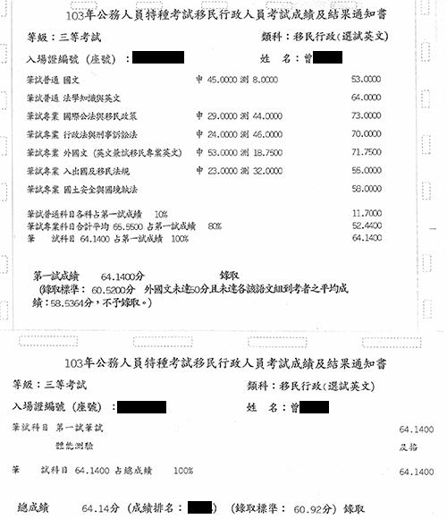 103移民特考三等英文組上榜學員曾同學