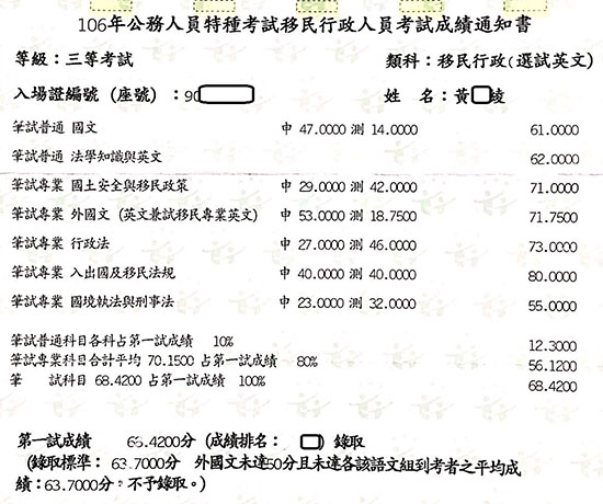 106移民特考三等英文組上榜學員黃○綾