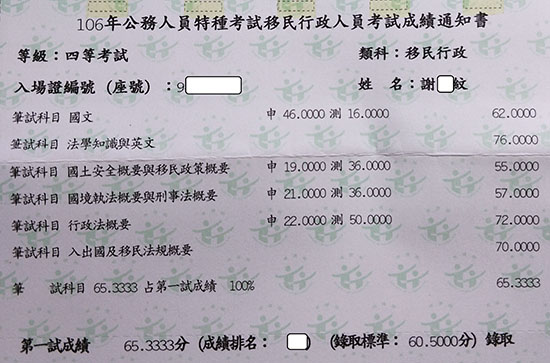 106移民特考三等英文組上榜學員劉○竹