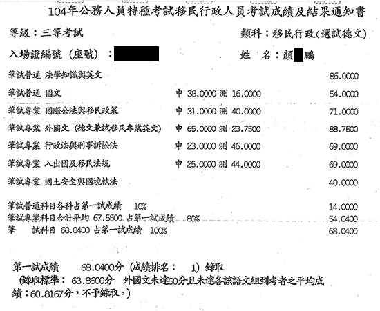 104移民特考三等德文組狀元上榜學員顏○鵬