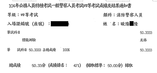 104消防警察四等上榜學員歐陽○隆