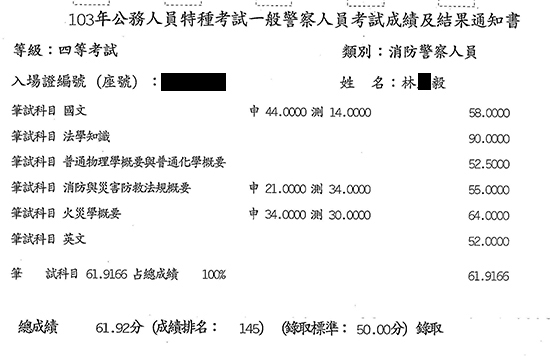 103一般消防警察上榜學員林○毅