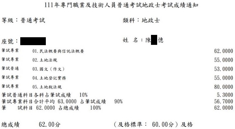 111首宇地政士第7名上榜學員李○蓁