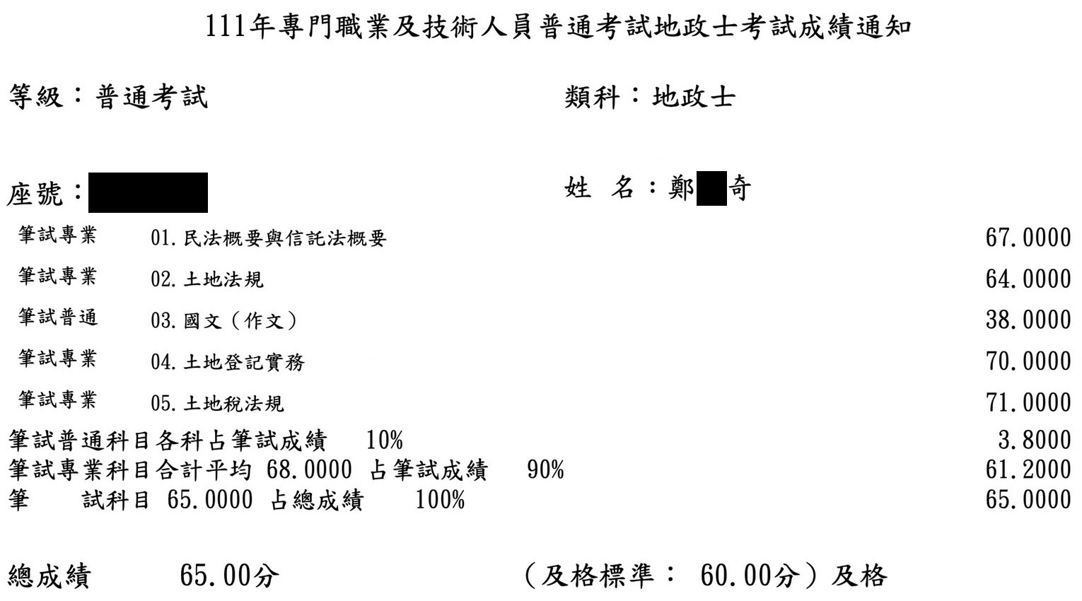 111首宇地政士上榜學員鄭○奇