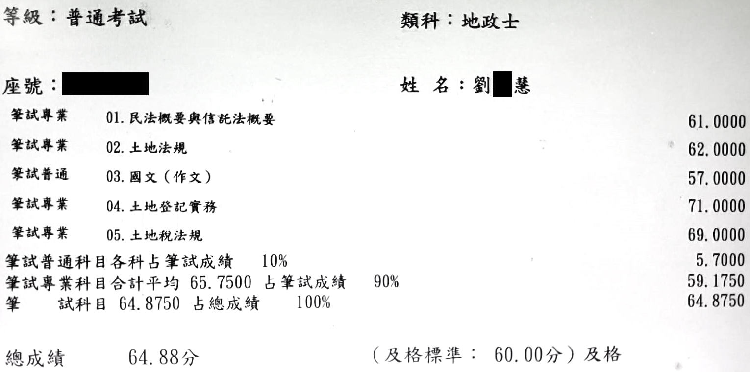 111首宇地政士上榜學員劉○慧