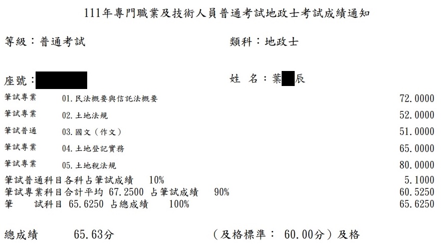 111首宇地政士上榜學員葉○辰