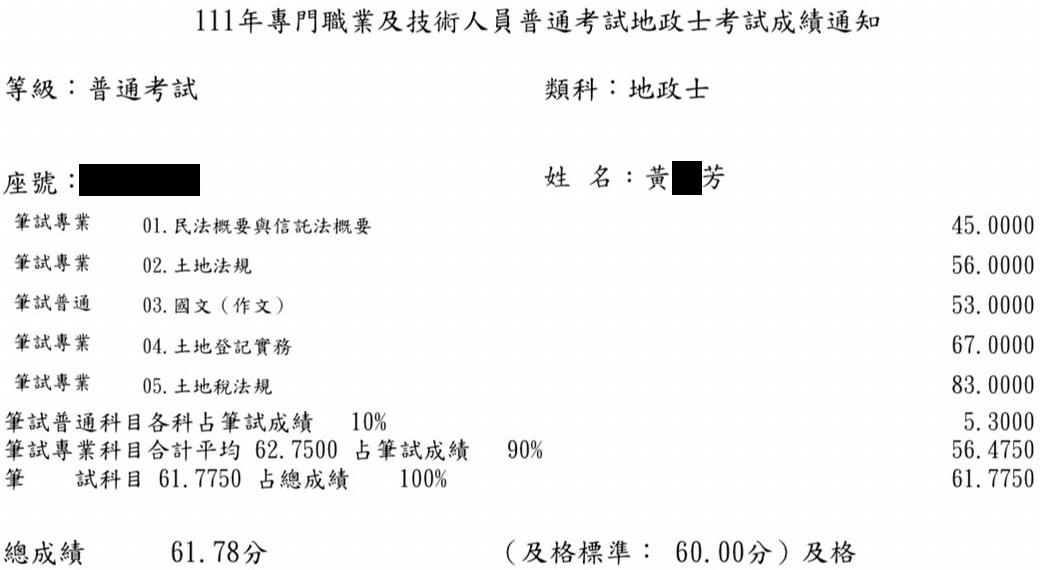 111首宇地政士上榜學員黃○芳