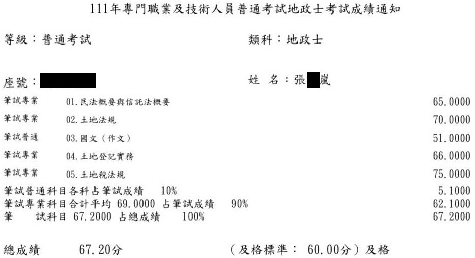 111首宇地政士上榜學員張○嵐