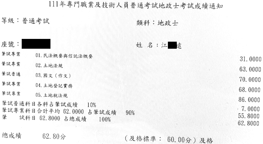 111首宇地政士上榜學員江○遠