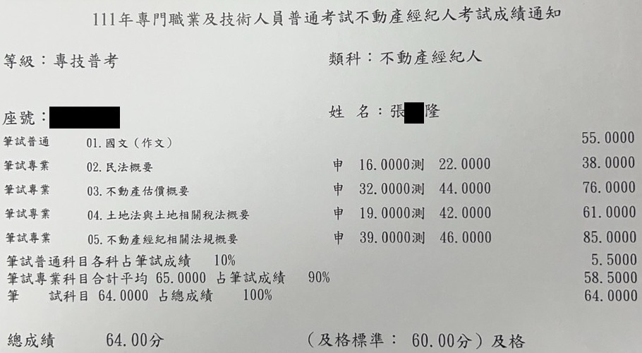 111首宇不動產經紀人上榜學員張○隆