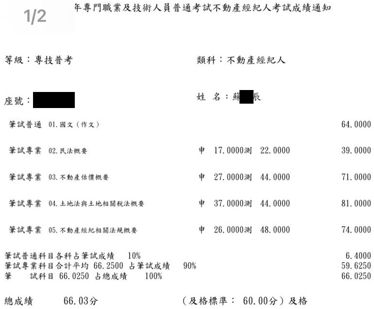 111首宇不動產經紀人上榜學員蘇○辰