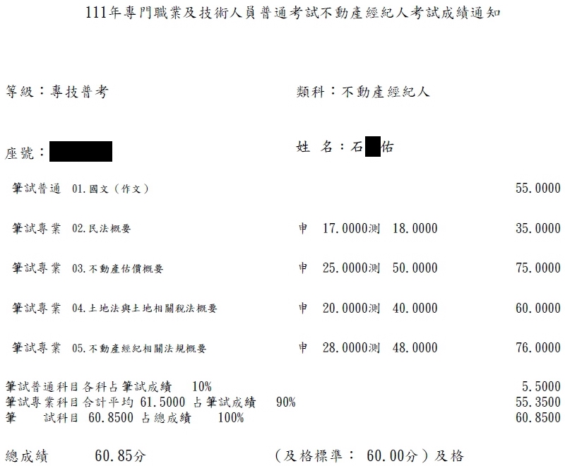 111首宇不動產經紀人上榜學員石○佑