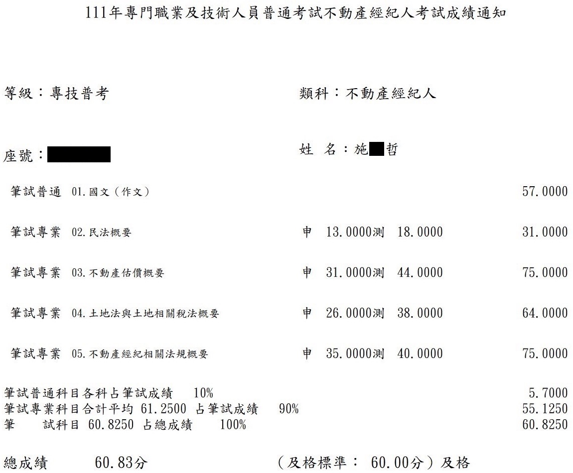 111首宇不動產經紀人上榜學員施○哲