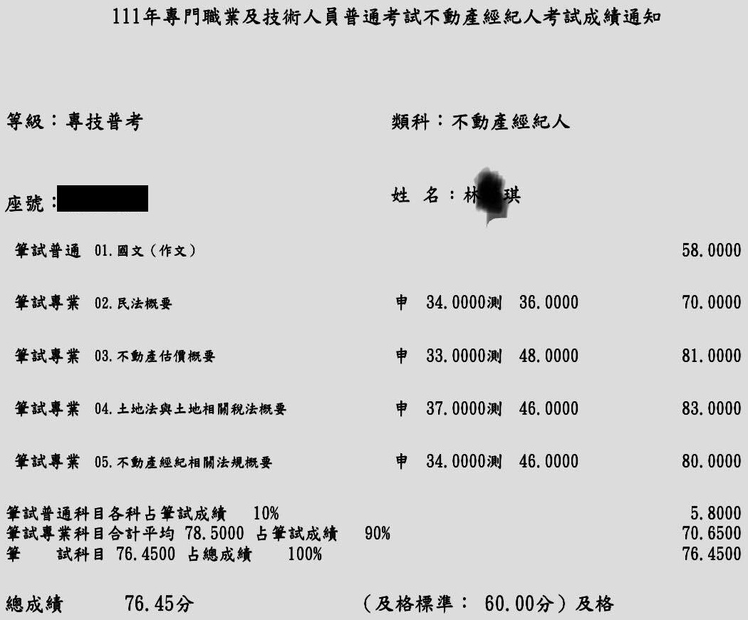 111首宇不動產經紀人+111地政士上榜學員林○琪