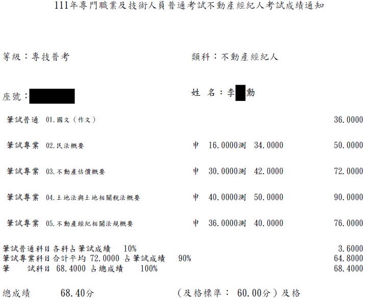 111首宇不動產經紀人上榜學員李○勳