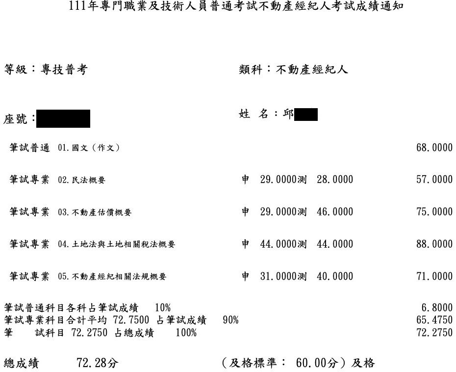 111首宇不動產經紀人上榜學員邱同學