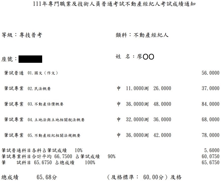 111首宇不動產經紀人上榜學員廖同學