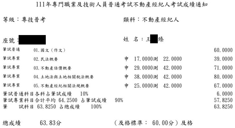 111首宇不動產經紀人上榜學員王○臻