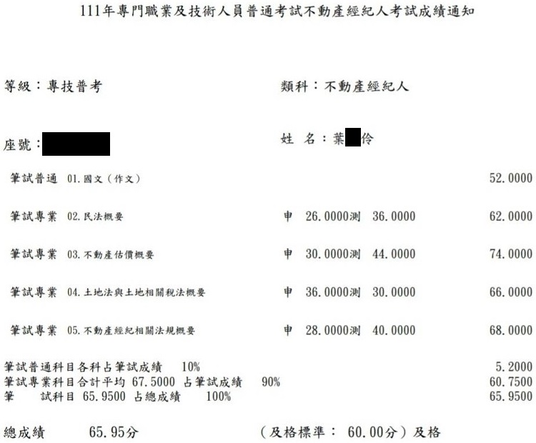 111首宇不動產經紀人上榜學員葉○伶