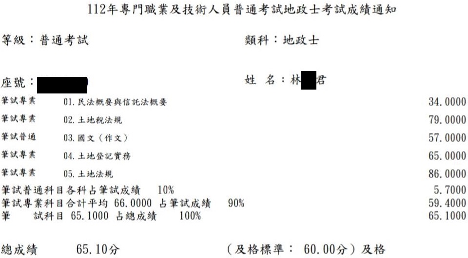 112首宇地政士+107不動產經紀人上榜學員林○君