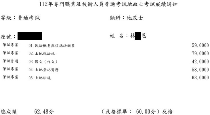 112首宇地政士上榜學員林○恩