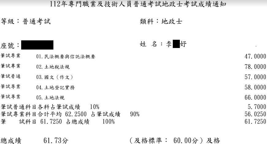 112首宇地政士上榜學員李○妤