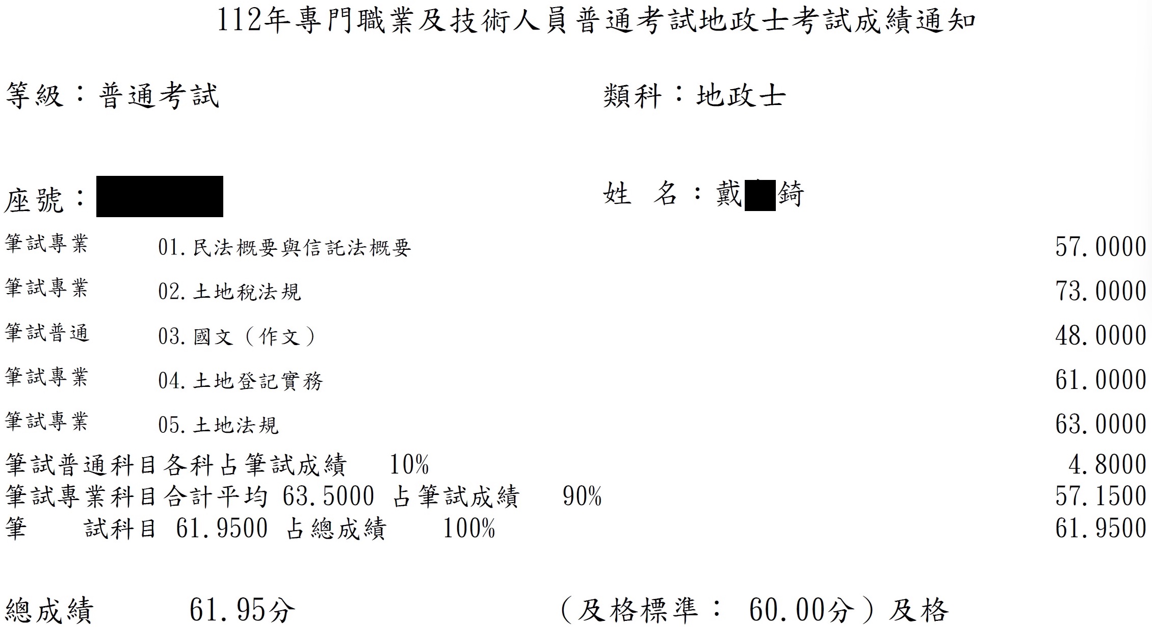 112首宇地政士上榜學員戴○錡