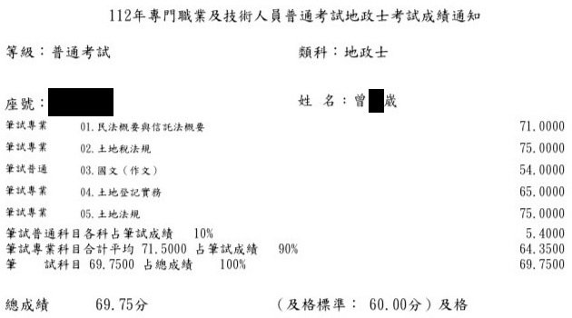 112首宇地政士第4名上榜學員曾○崴