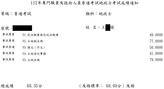 112首宇地政士上榜學員王○蘋