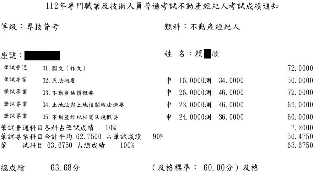 112首宇不動產經紀人上榜學員賴○頎