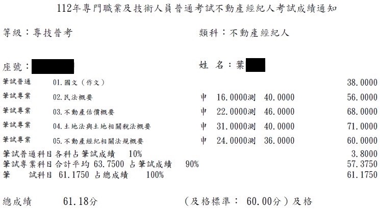 112首宇不動產經紀人上榜學員葉同學