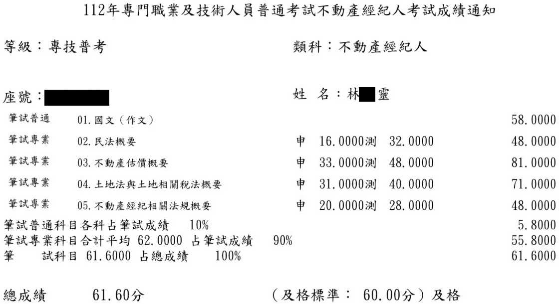 112首宇不動產經紀人上榜學員林○靈