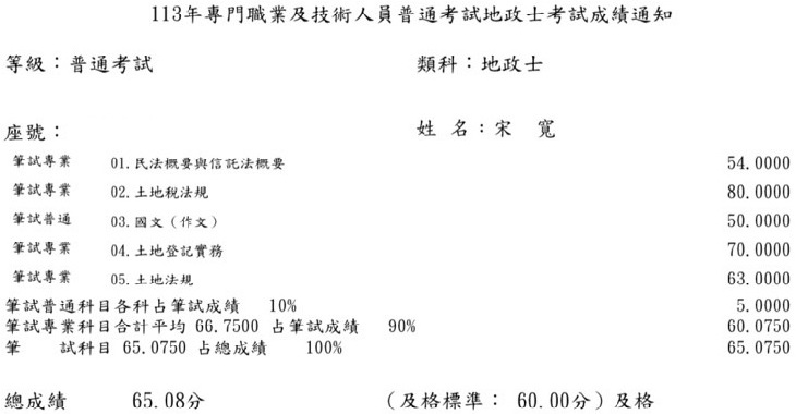 113首宇地政士上榜學員宋○寬