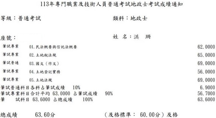 113首宇地政士上榜學員洪○珊