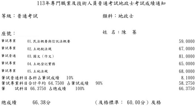 113首宇地政士上榜學員陳○蓁