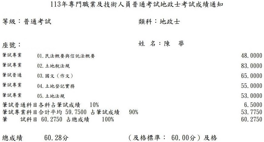 113首宇地政士上榜學員陳○華