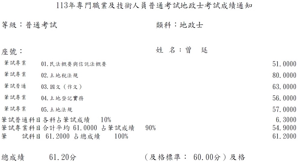 113首宇地政士上榜學員曾○廷