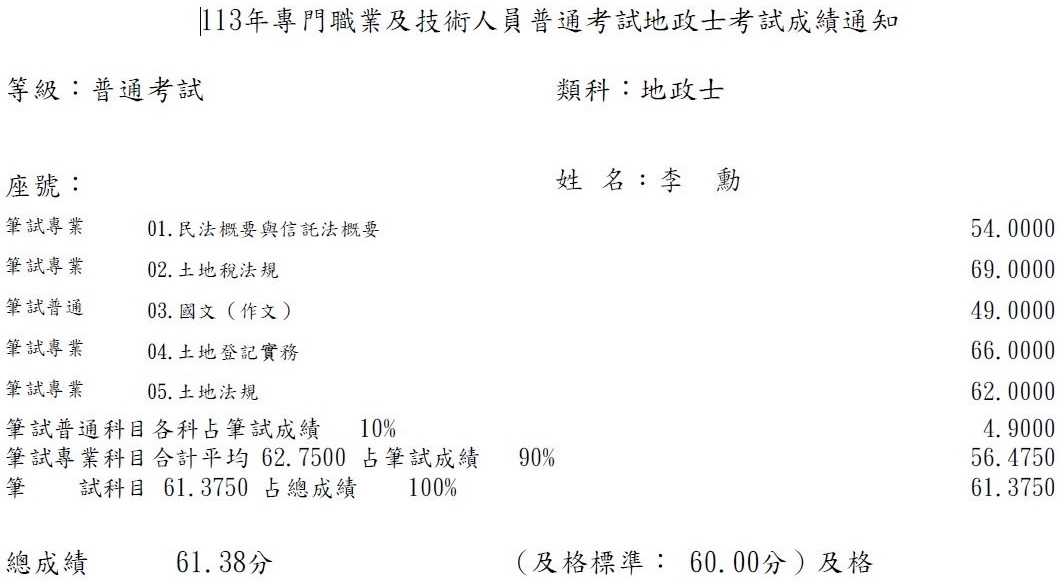 113首宇地政士+111不動產經紀人上榜學員李○勳