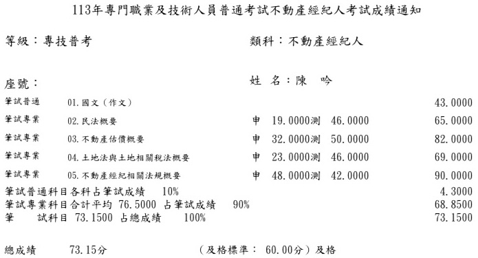 113首宇不動產經紀人上榜學員陳○吟