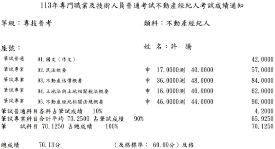 113首宇不動產經紀人上榜學員許○騰