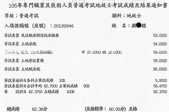 105地政士上榜學員顏○鎧