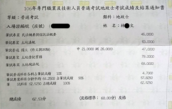 106首宇地政士上榜學員林○文